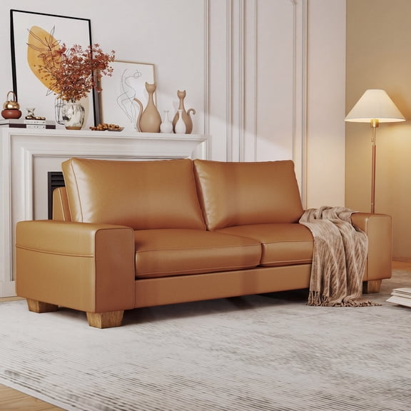 Poshby 88.58'' Faux Leather Counch Loveseat Sofa with Side Pockets, Wide Arm for Living Room, Brown