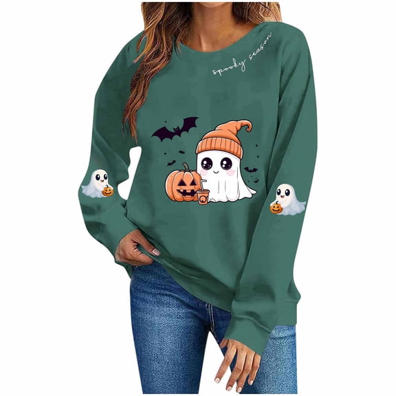 NTACZA Sweatshirts for Women Halloween Cute Ghost Graphic Print Crewneck Daily Outfits Pullover Tops Trendy Sweatshirts Army Green L