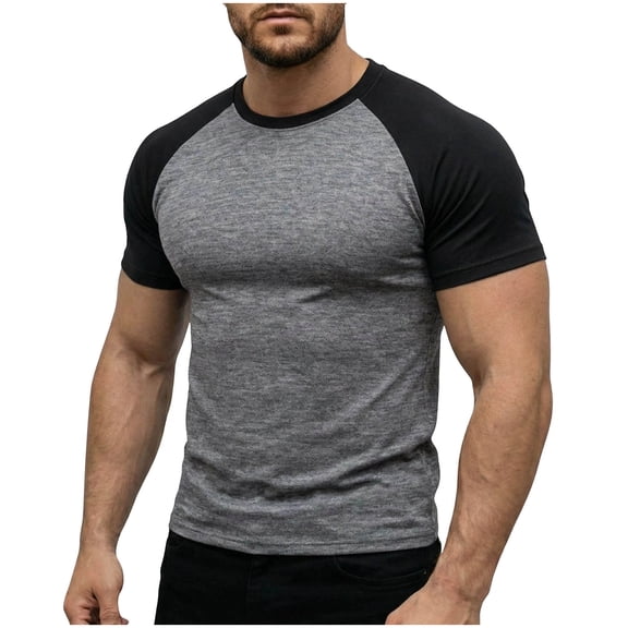 BangWanChi Men's Color Block Raglan T-Shirts Men's Short Sleeve Round Neck Casual Sports Elastic Breathable T-Shirt