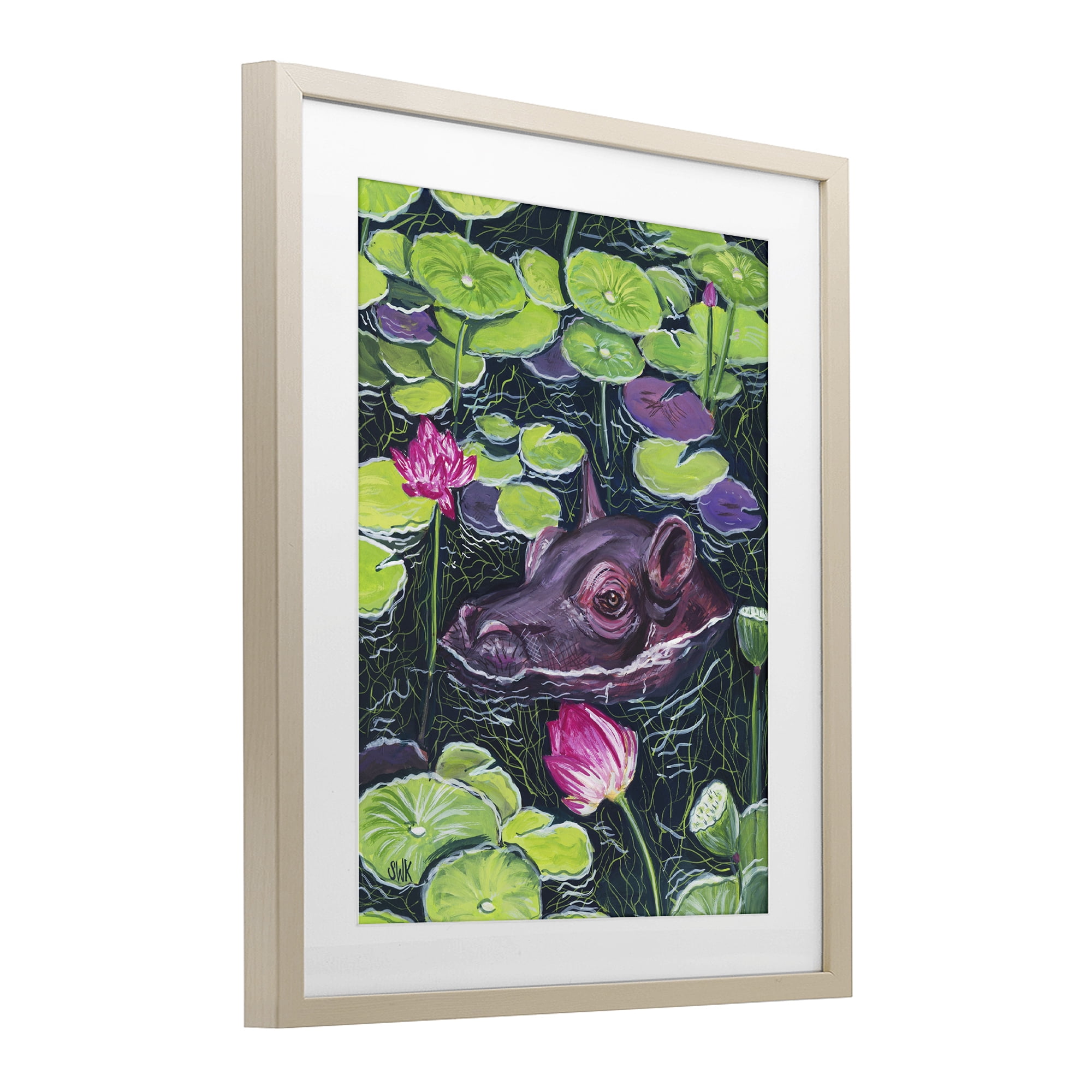 Stupell Industries Hippo & Blossoms Pond Birch Framed Print Under Glass, design by Sarah Waldron Kimball