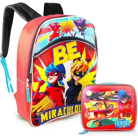 Zagtoon Miraculous Ladybug Backpack and Insulated Lunch Box Set - Bundle with 16'' Miraculous Ladybug School Bag with Lunch Bag