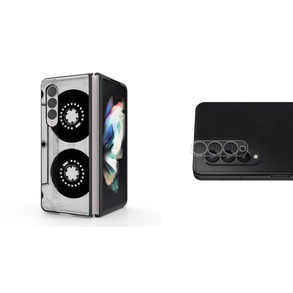 Accessory Bundle for Galaxy Z Fold 4: Slim Snap-On Case (Retro Cassette Tape), Rear Camera Glass Protector