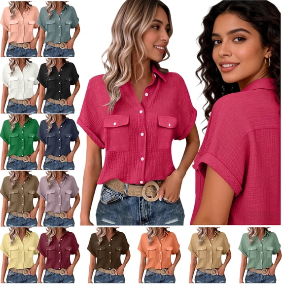 Jinhomg Women Teacher shirts Shorts Sleeve Casual Button Down Shirts Business Office Work Outfits with Pocket Navy M