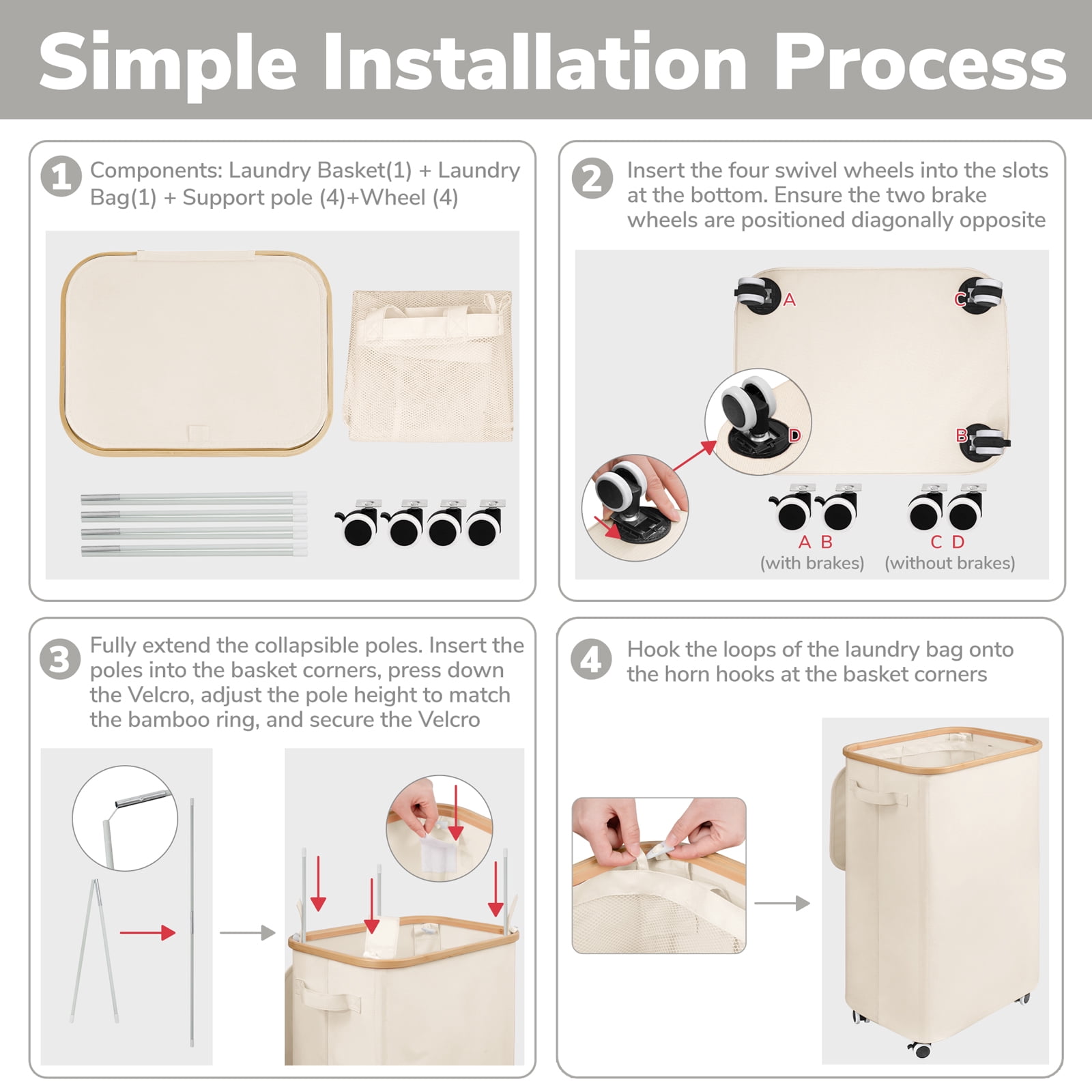 Slim Laundry Basket with Wheels,Freestanding Laundry Hamper with Lid&Bamboo Handles(100L White)
