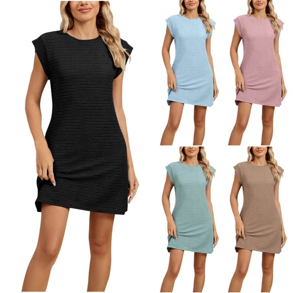 Antinious Summer Dresses for Women,Womens Dresses for Party,Beach Dresses for Women Solid Sleeveless Round Neck Loose And Comfortable Pocket Dress,Khaki,S