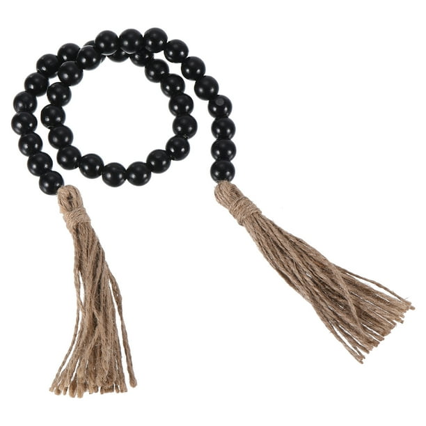 Guirnalda de cuentas de madera de 28 pulgadas Uxcell Decoración del hogar con borlas, decoración de pared de granja, cuentas de oración, negra, 1 juego