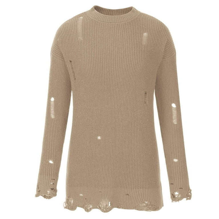 BiZtdJrK Womens Trendy Sweater Dress Ripped Crew Neck Long Sleeve Knit Mini  Dresses Boyfriend Loose Casual Pullover Sweaters Khaki L - Walmart.com