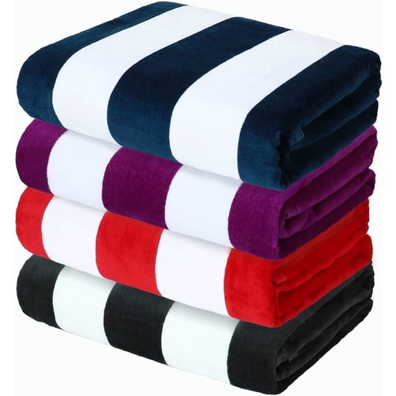 Exclusivo Mezcla 4-Pack Cotton Oversized 35"x70" Cabana Stripe Beach Towels, Super Absorbent Soft Plush Pool Towel, Bath Towel (Charcoal Grey/Dark Navy/Purple/Red)