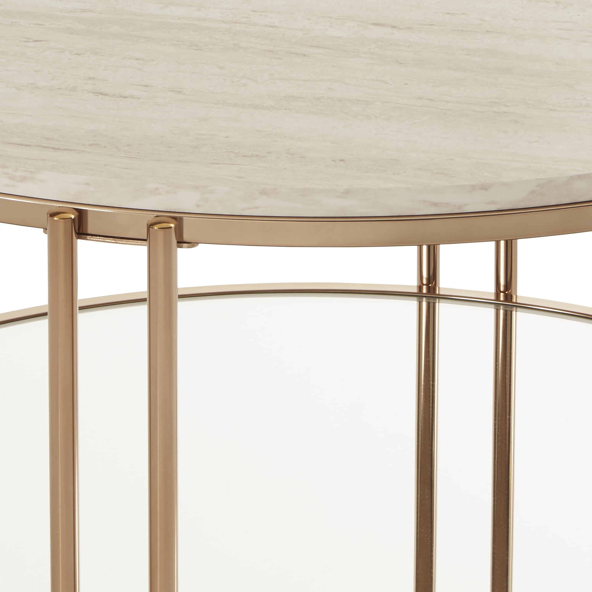 Weston Home Shaelyn Round Gold Cocktail Table with Faux Marble Top and Mirror Shelf