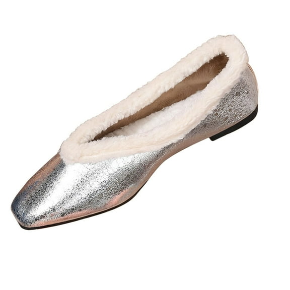 Xfvqtps Womens Square Toe Flat Shoes Fall Winter Warm Fleece Lining with Metallic Material for Cozy Casual Outdoor Wear Silver