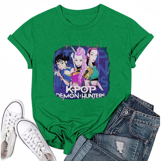 Moonsky Camiseta unisex Huntrix Dem-0n, colores cómodos, camiseta Huntrix para niñas, camiseta Mira Rumi Joey, merchandising, regalo juvenil para fans del K-pop (Verde L)