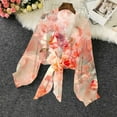 thumbnail image 4 of Retro Floral Chiffon Cardigans Womens Tie Front Sheer Cardigan Cover Ups Lightweight Lantern Sleeve Elegant Shirt Tops Pink, M, 4 of 6