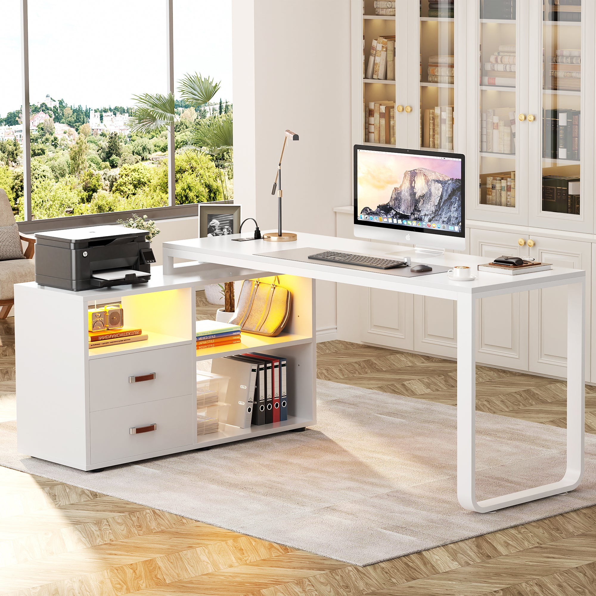 Homieasy Reversible L Shaped Desk with File Cabinet & Power Outlet, 55'' Computer Gaming Desk with LED Lights and Drawers, L Shaped Corner Desk with Storage Shelves for Work & Study, White