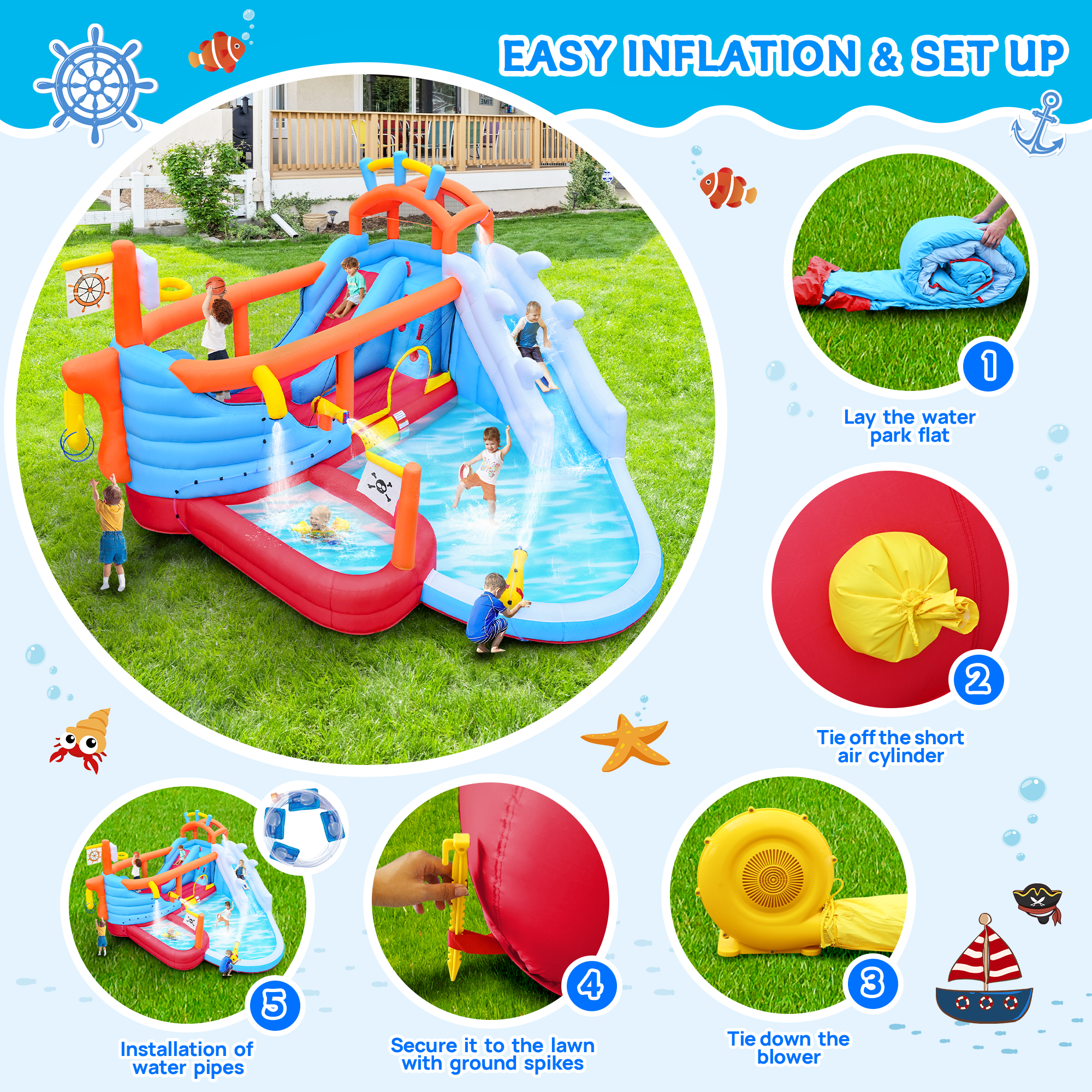 Mintazer 9-in-1 Inflatable Bounce House with Dual Slides, Climbing Wall, Basketball Hoop & Water Guns, Shallow & Bathing Pools for Bounce Castle, Indoor & Outdoor