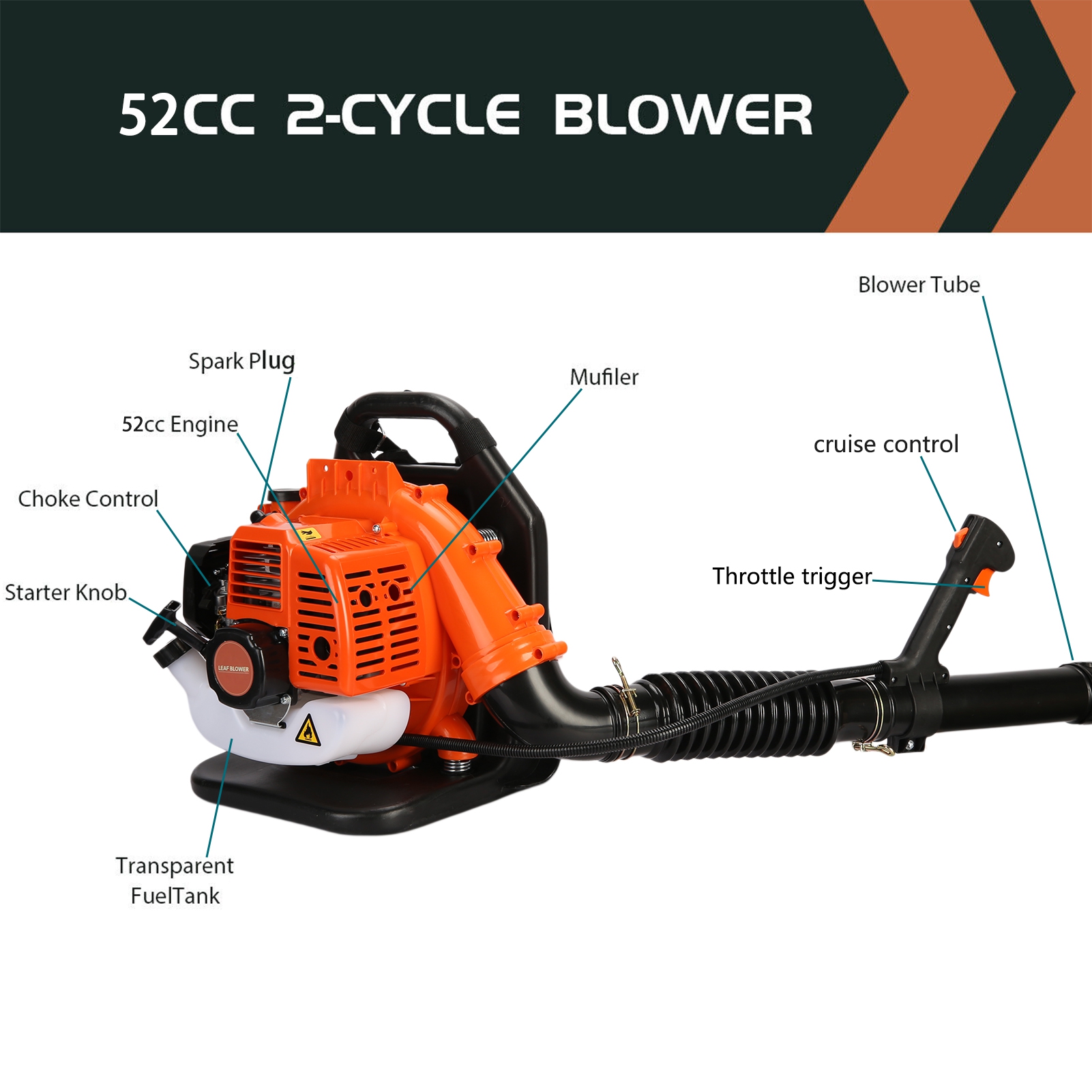 52cc Gas Leaf Blower,550 CFM 205 MPH Backpack Gas Powered Leaf Blower with 2-Cycle Engine,Gasoline Backpack Grass Snow Blowers for Yard Waste Lawn Debris Leaves