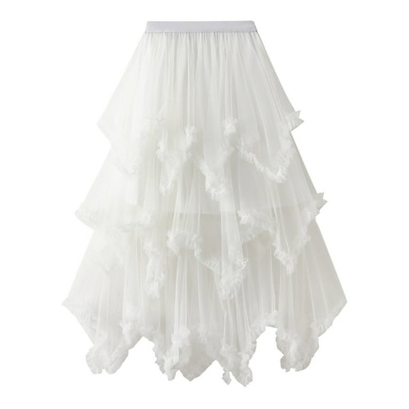 GigrtiJin Women's Tiered Tulle Skirt High Low Ruffle Elastic Waist Midi Skirt Irregular Multilayer Mesh Skirts