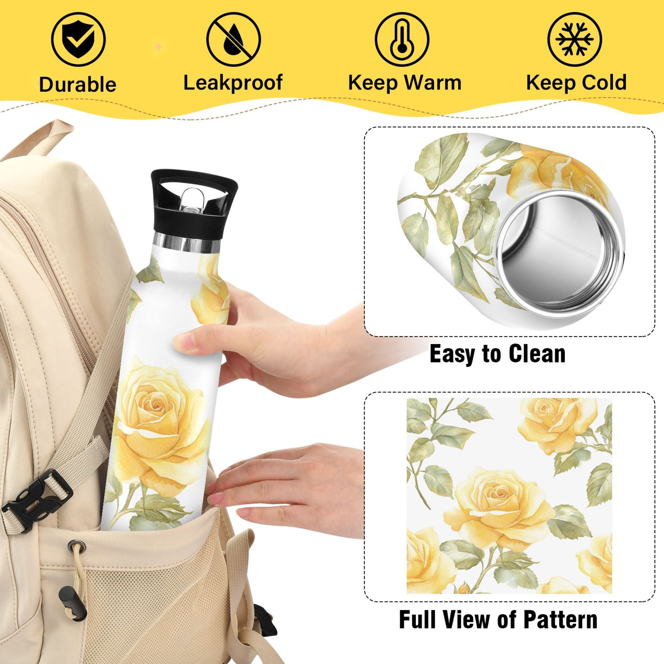 600ML Stainless Steel Insulated Cup Sports Water Bottle Portable Thermos Cup Water Glasses Insulated Tumblers Convenient and Durable Gold Roses