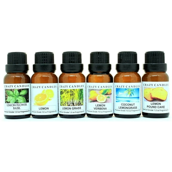 Crazy Candles 6 Bottle Set (Made in USA) Coconut Lemongrass, Lemon Verbena, Lemongrass, Lemon, Lemon Flower Basil, Lemon Pound Cake 1/2 Fl Oz Each (15ml) Premium Grade Fragrance Oils