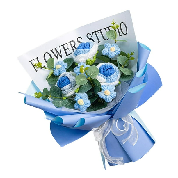 Ramo de flores artificiales de ganchillo, ramo de punto hecho a mano, flores falsas terminadas Azul degradado