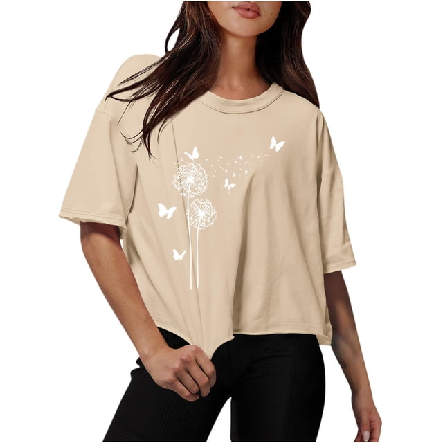 Women Drop Shoulder Round Neck Oversized Crop Tops Workout Tops Tees