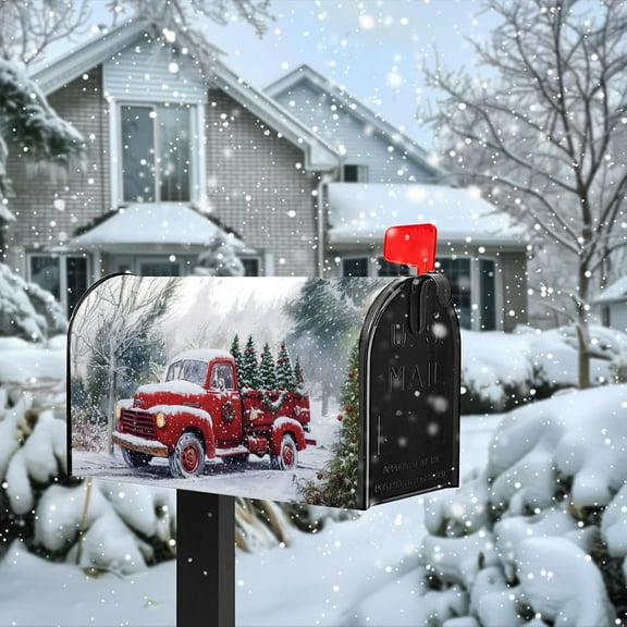 YOPINCO Magnetic Christmas Mailbox Cover - Vintage Red Truck Design, Waterproof Oxford Cloth, Snowy Scene with Trees, Durable Outdoor Holiday Mailbox Decoration 21in*18in