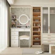 MONSLIPA Makeup Vanity Dressing Table w/Drawers and Shelves, Sturdy Vanity Set w/Lighted Mirror, White Dresser Desk & Cushioned Stool