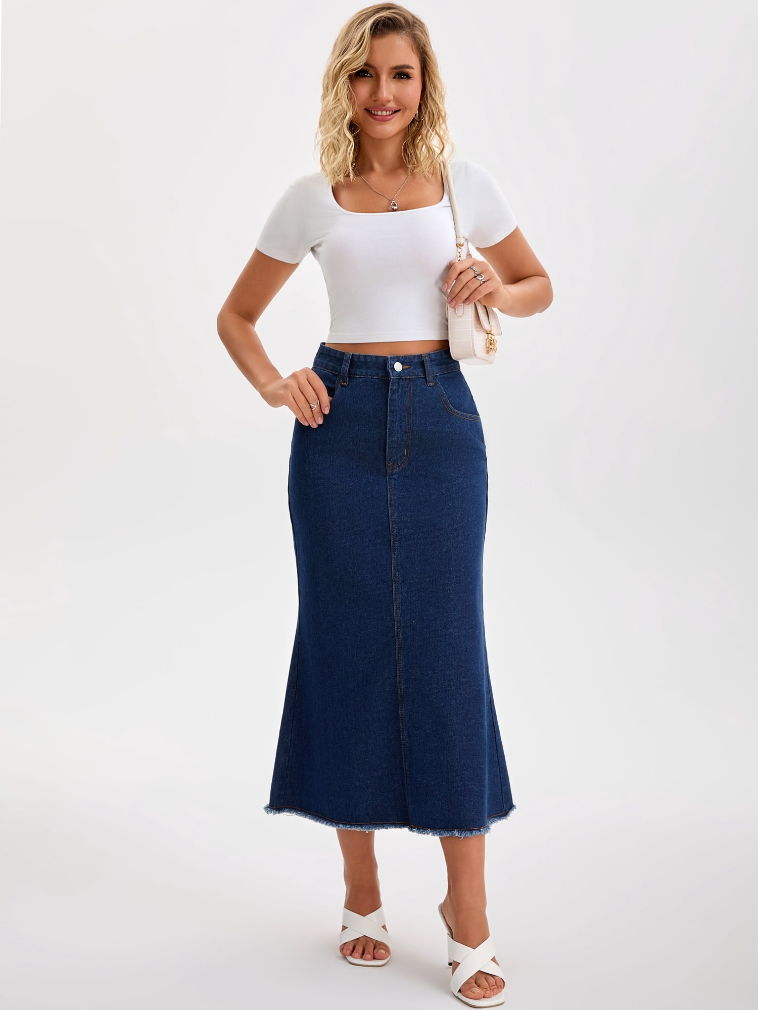DARING DIVA Women's Denim Maxi A Line Raw Hem Jean Skirt X-Large Deep Blue