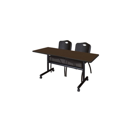 Regency Kobe 60 x 24 in. Flip-Top Privacy Nesting Table- Neo Walnut 2 M Stack Chairs- Black