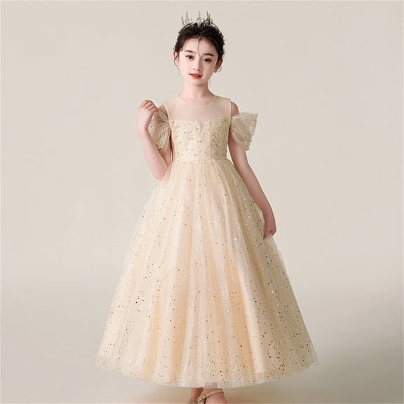 Girls Formal Tulle Princess Dress, Elegant Puffy Net Dress for Flower Girl Junior Bridesmaid, Wedding Birthday Party Special Occasion Gown Age 3Y-14Y Beige 120