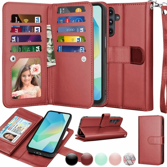Wallet Case for Samsung Galaxy A16 Wallet Case 6.7" 5G (2025), [9 Card Slots] Luxury PU Leather Credit Holder Carrying Folio Flip [Detachable] Kickstand Magnetic Phone Cover & Lanyard [Wine]