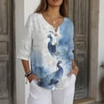 thumbnail image 3 of Xoenoiee Peacock Cloud Print Linen Button Down Shirt for Women 3/4 Sleeve V Neck Blouses Casual Summer Loose Fit Cotton Gauze Blouses, M, 3 of 7
