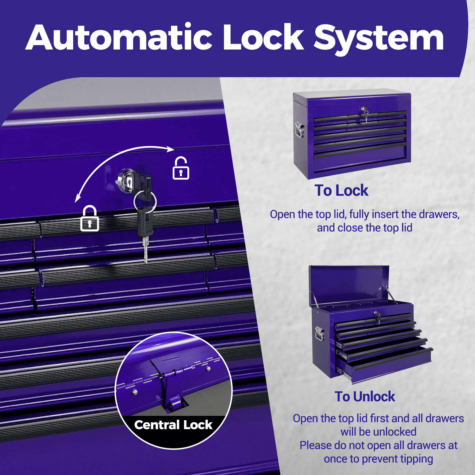 Heavy Duty Metal Tool Box,24 Inch Portable Tool Chest with 9 Drawers, Ball Bearing Slide Drawers with Auto-Locking System, Lockable Top Box Tool Organizer for Garage, Workshop, Truck,Purple