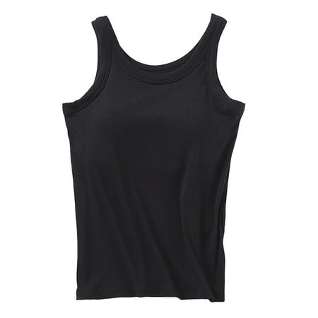 Black Women Tops  Sleeveless Loose Fitting Tops For Women  Ladies  Solid Color Chest Pad Vest Suspender Wide Shoulder Strap Base Cup Bra Underwear Long Top Anti Glazing Sleeveless Vest