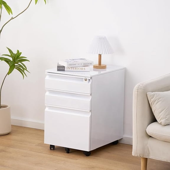 White 3-Drawer Filing Cabinet with Lock, Mobile File Cabinet with Wheels for Home Office, Under Desk Storage for A4/Letter/Legal Files