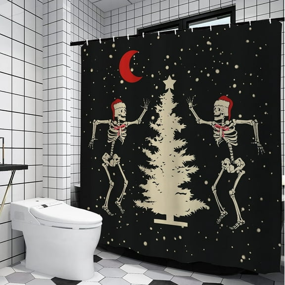 Christmas Shower Curtain Funny Skeleton Xmas Tree Red Moon Shower Curtains Seasonal Winter Xmas Indoor Bathroom Decorative Gifts Halloween 60x72in