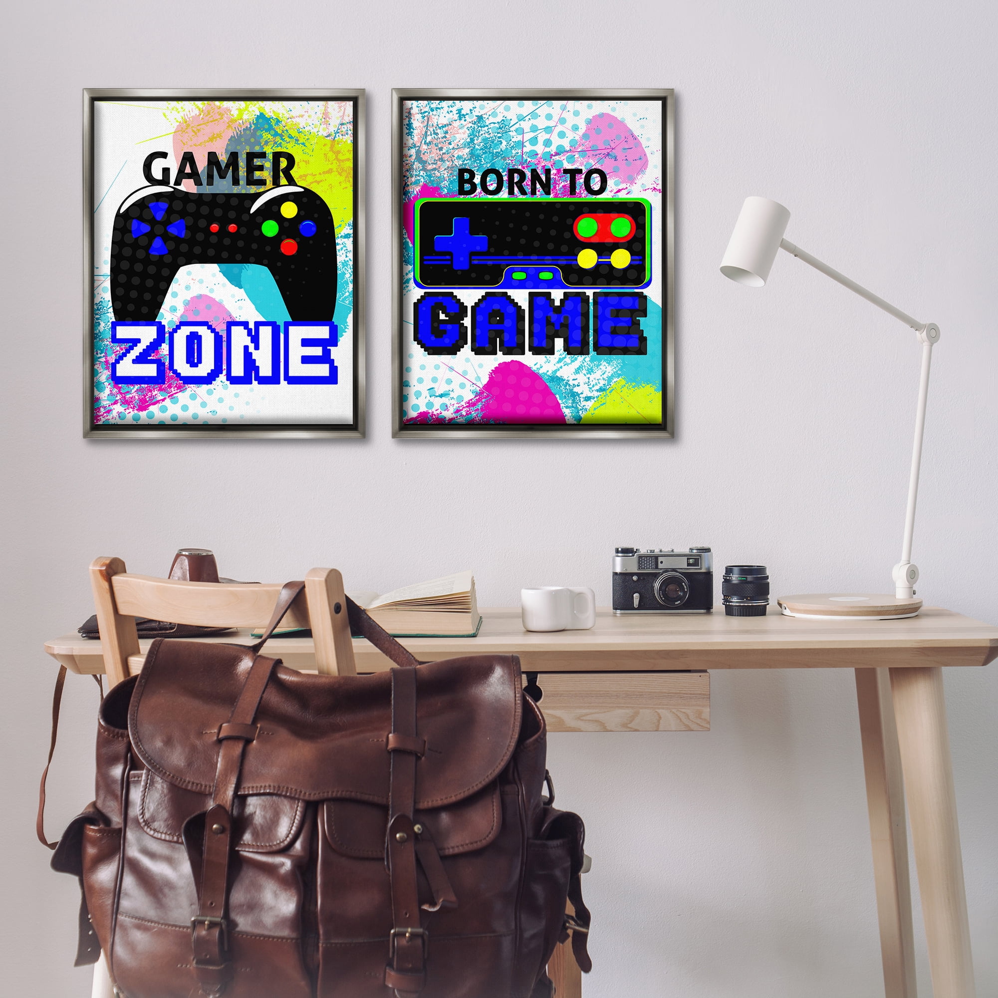 Stupell Industries Gamer Zone Splash Remote Entertainment Painting Gray Floater Framed Canvas Art Print Wall Art, 31 x 25, Set of 2