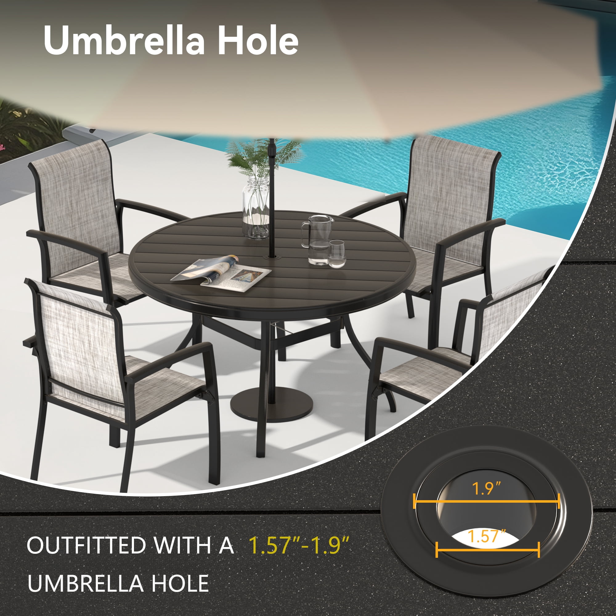 Outdoor Round Patio Dining Table for 4-6, All Weather Metal Dining Table with Umbrella Hole for Deck Lawn Garden Backyard