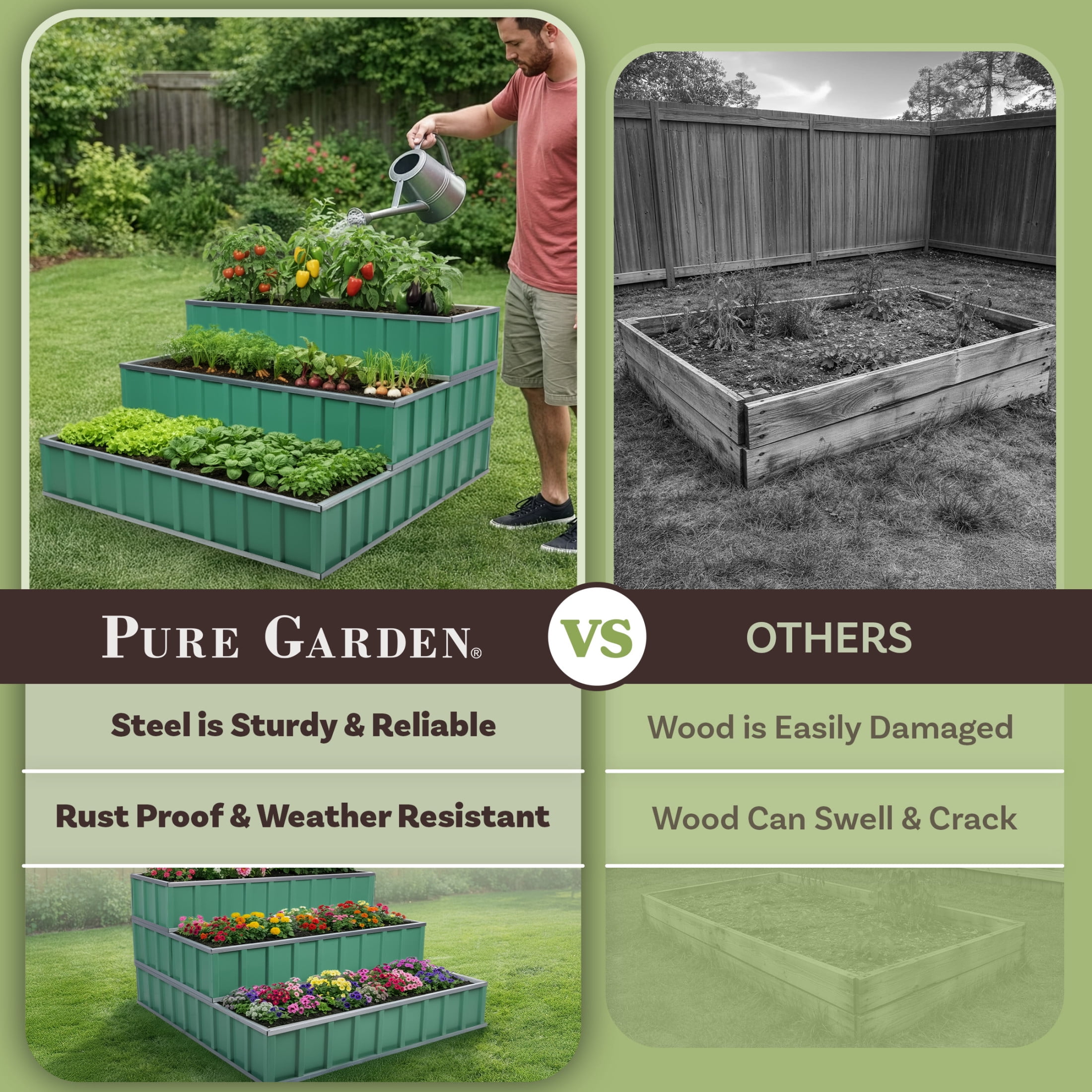 Pure Garden 3 Tier Raised Garden Bed - 45”x45”x24” Galvanized Steel Stackable Raised Beds, Green