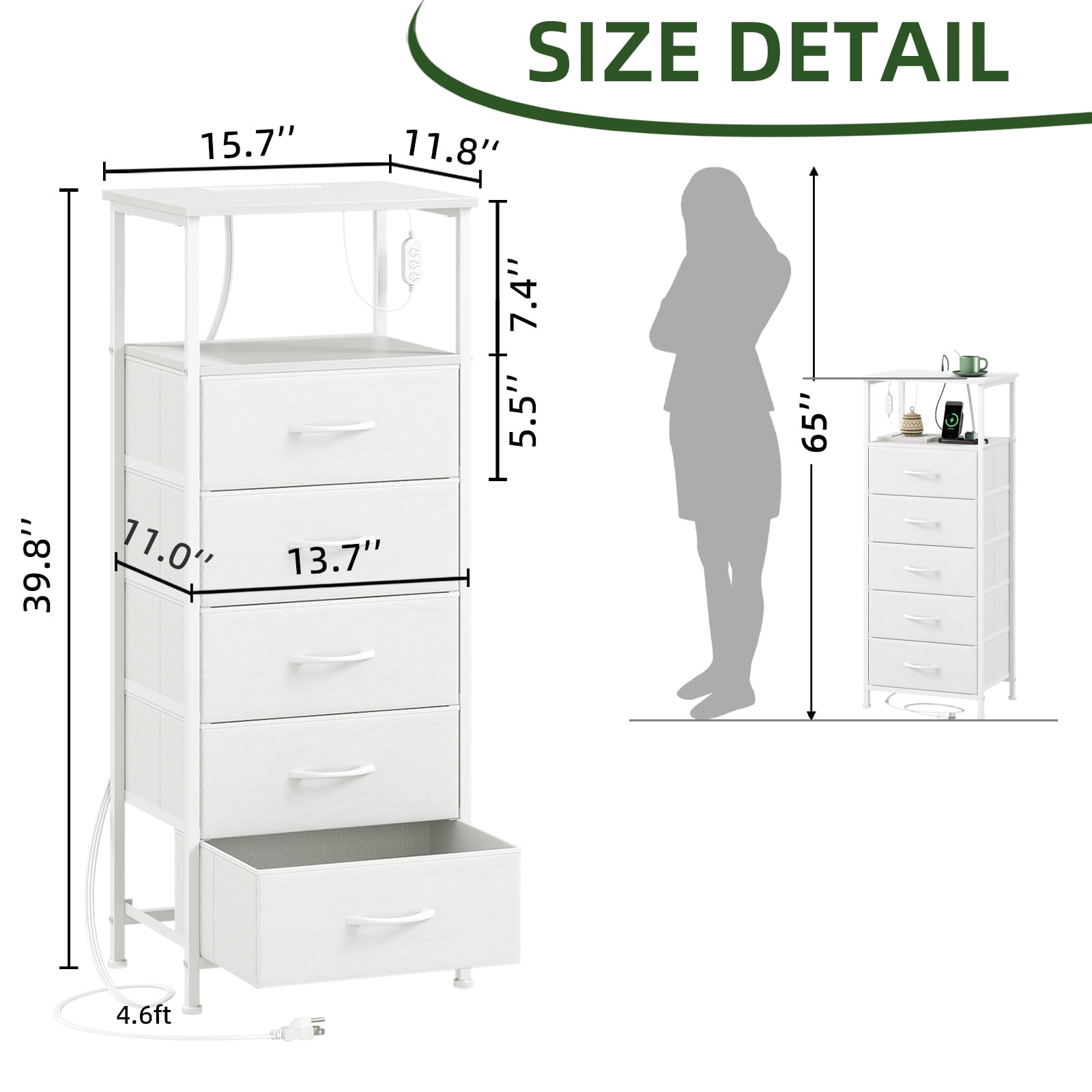 Eunos White Dresser for Bedroom, 5 Drawer Nightstand with Charging Station, LED and Open Shelf