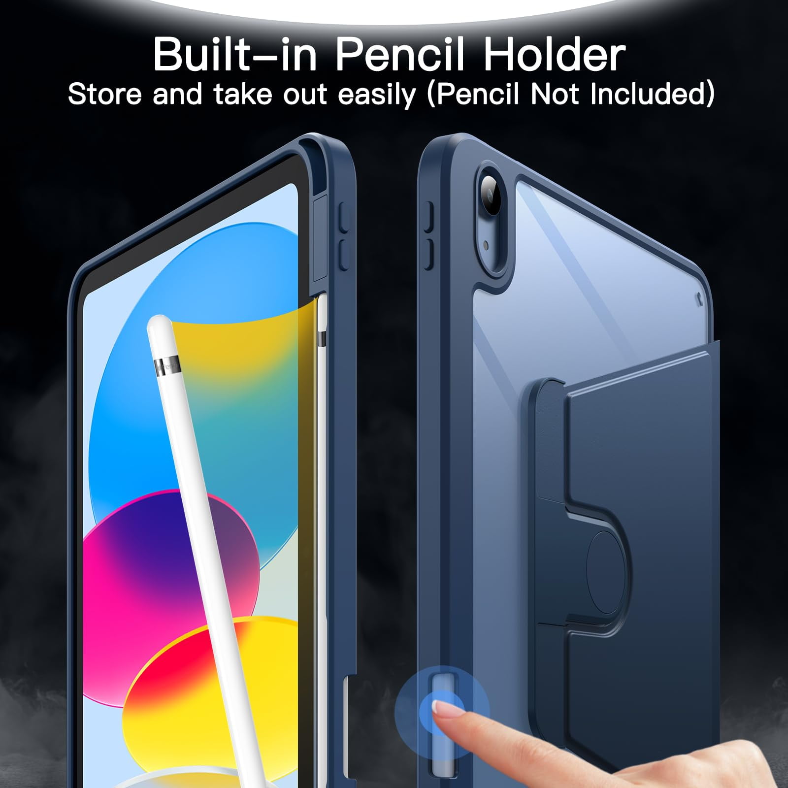 JETech Rotating Case for iPad (A16) 11th/10th Generation (2025/2022) with Pencil Holder, 360 Degree Rotation Protective Stand Cover Clear Back, Auto Wake/Sleep (Navy)