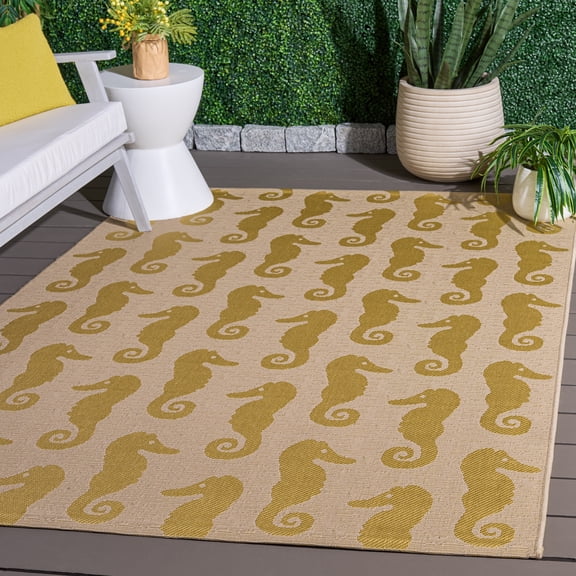 SAFAVIEH Courtyard Warwick Nautical Indoor/Outdoor Area Rug, Beige/Yellow, 4' x 5'7"