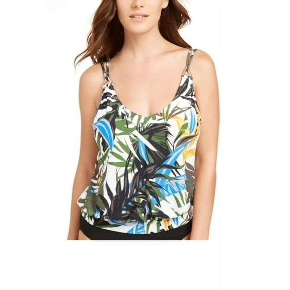 Calvin Klein OLIVE MULTI TROPIC RAINFOREST Blouson Tankini Swim top, US 2X-Large