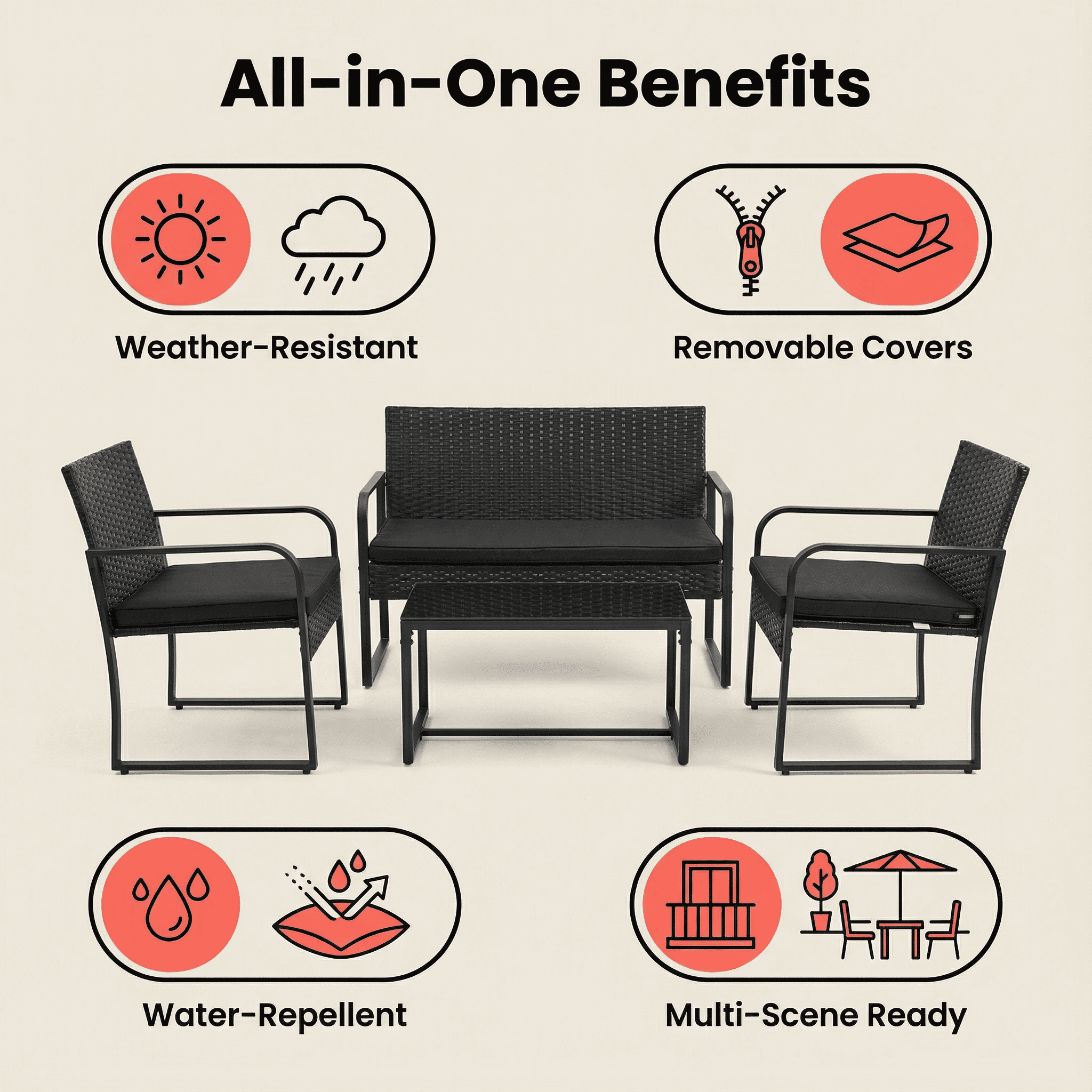 Patio Furniture Set Lofka 4 Pieces Outdoor Wicker Conversation Set with Tempered Glass Table, Modern Rattan for Balcony/Porch/Poolside, Black Cushion