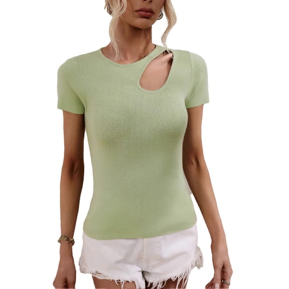 Women Cutout Top Pure Color Fashionable Slim Fitting Short Sleeve Cutout Shirt for Daily