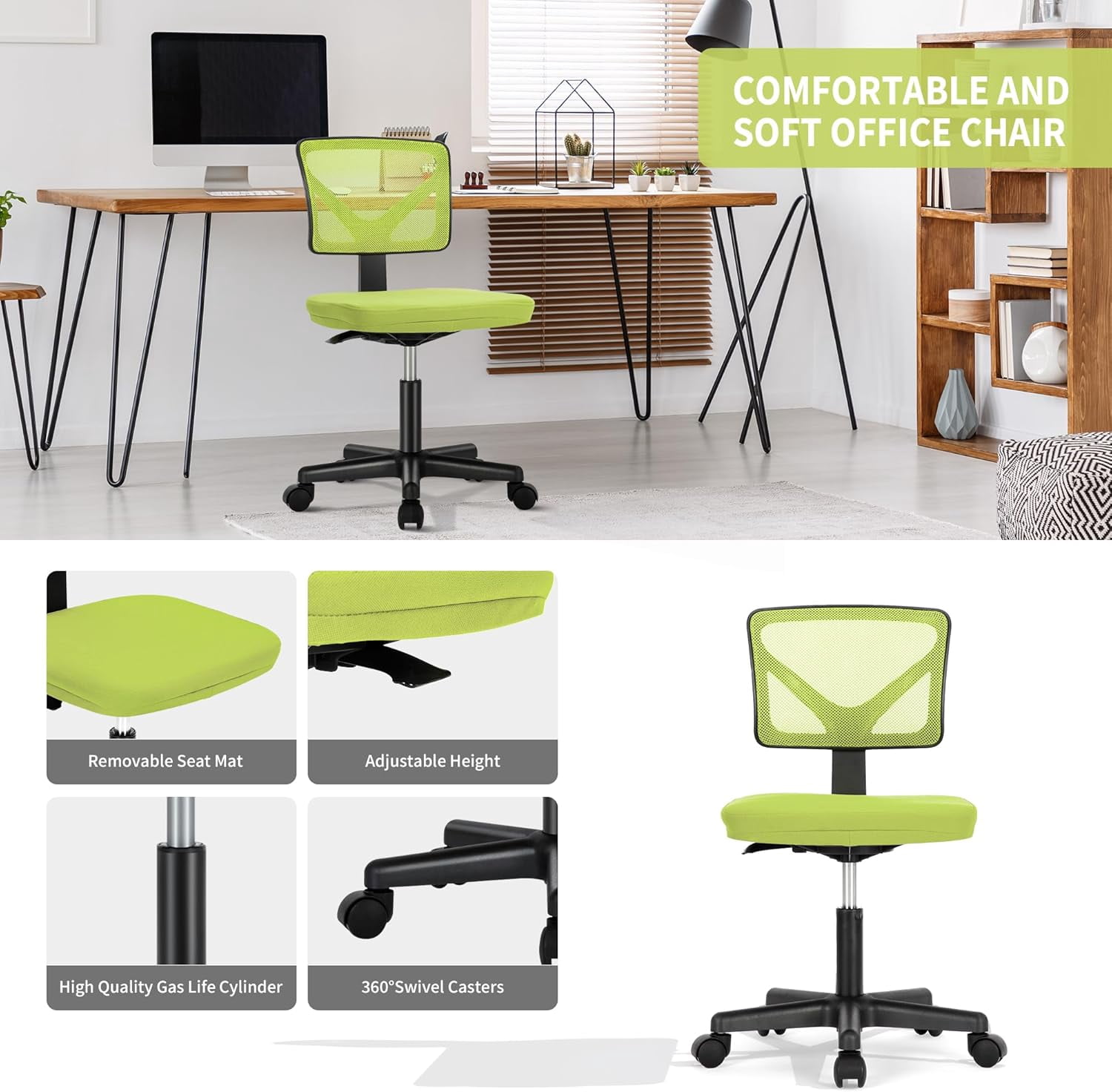 QUIOCOZY Armless Small Home Office Desk Chair, Ergonomic Low Back Computer Chair, Adjustable Rolling Swivel Task Chair with Lumbar Support for Small Space