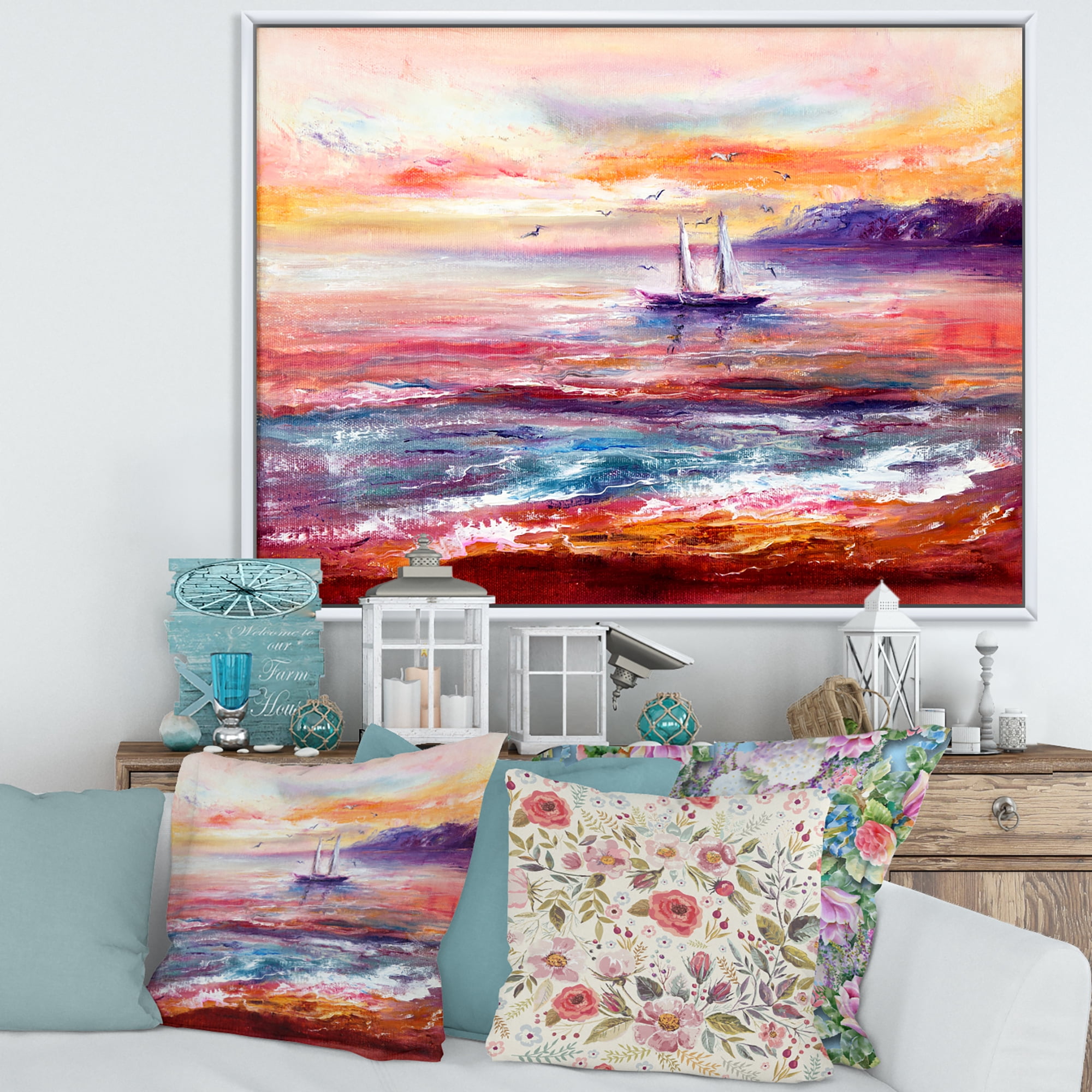 Designart 'Boat On The Ocean During VIbrant Sunset Glow' Nautical & Coastal Framed Canvas Wall Art Print