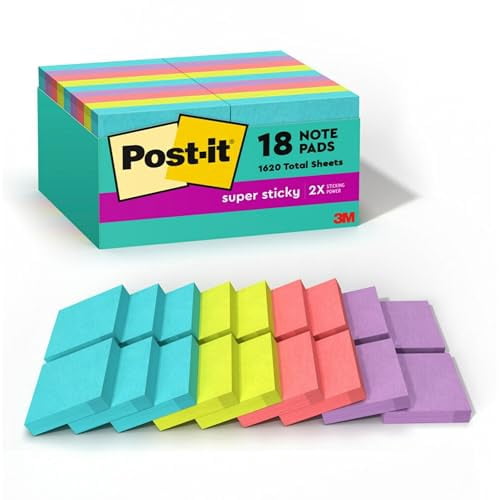 Post-it Super Sticky Notes, 1-7/8 in x 1-7/8 in, 18 Pads, 90 Sheets/Pad, 2x the Sticking Power, Supernova Neons Collecti
