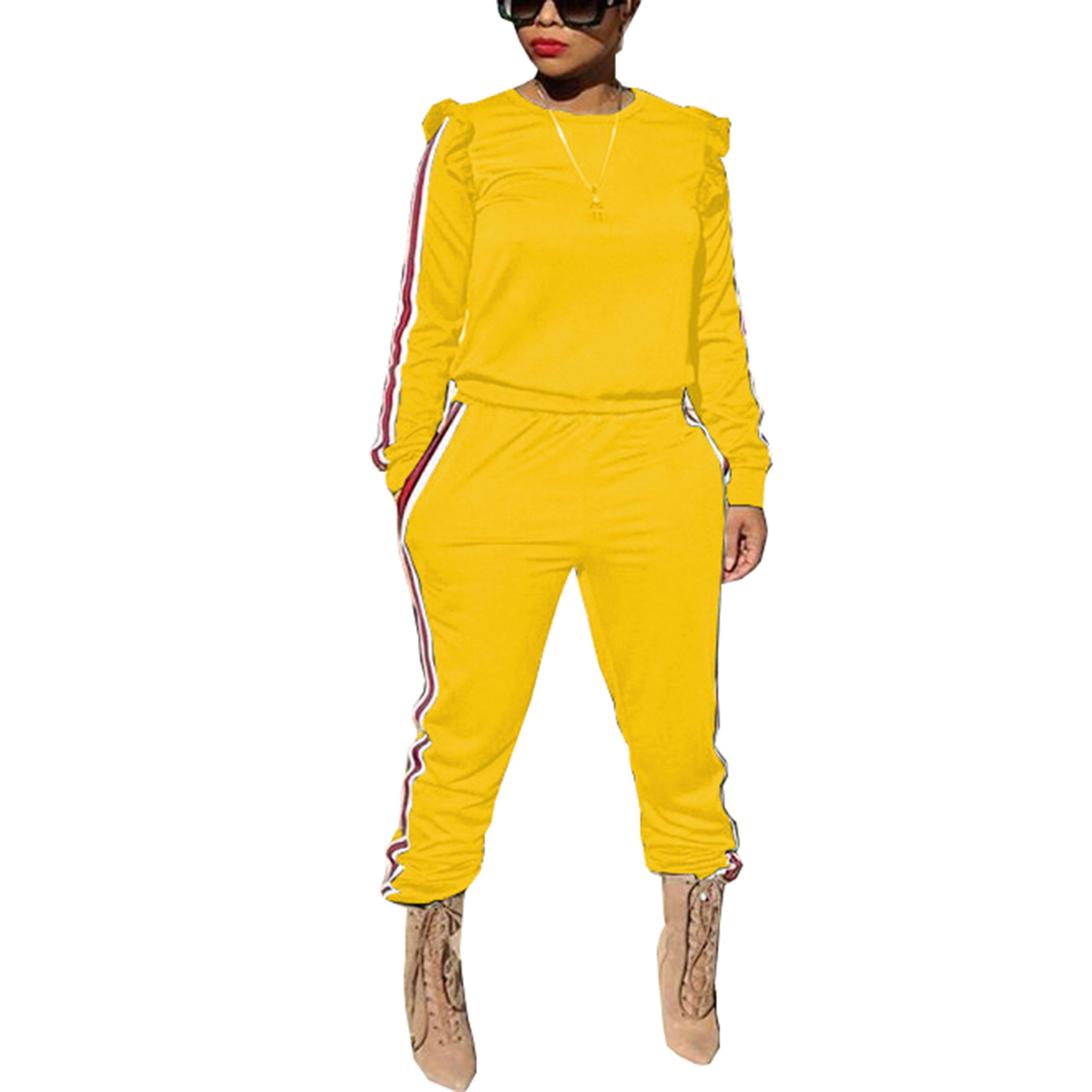 Akmipoem Womens Two Piece Outfits Ruffle Sleeve Sweatshirt and Long Pants Tracksuit 