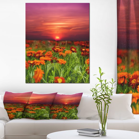 Sunset Flowers with Red Sky - Modern Landscape Wall Art Canvas