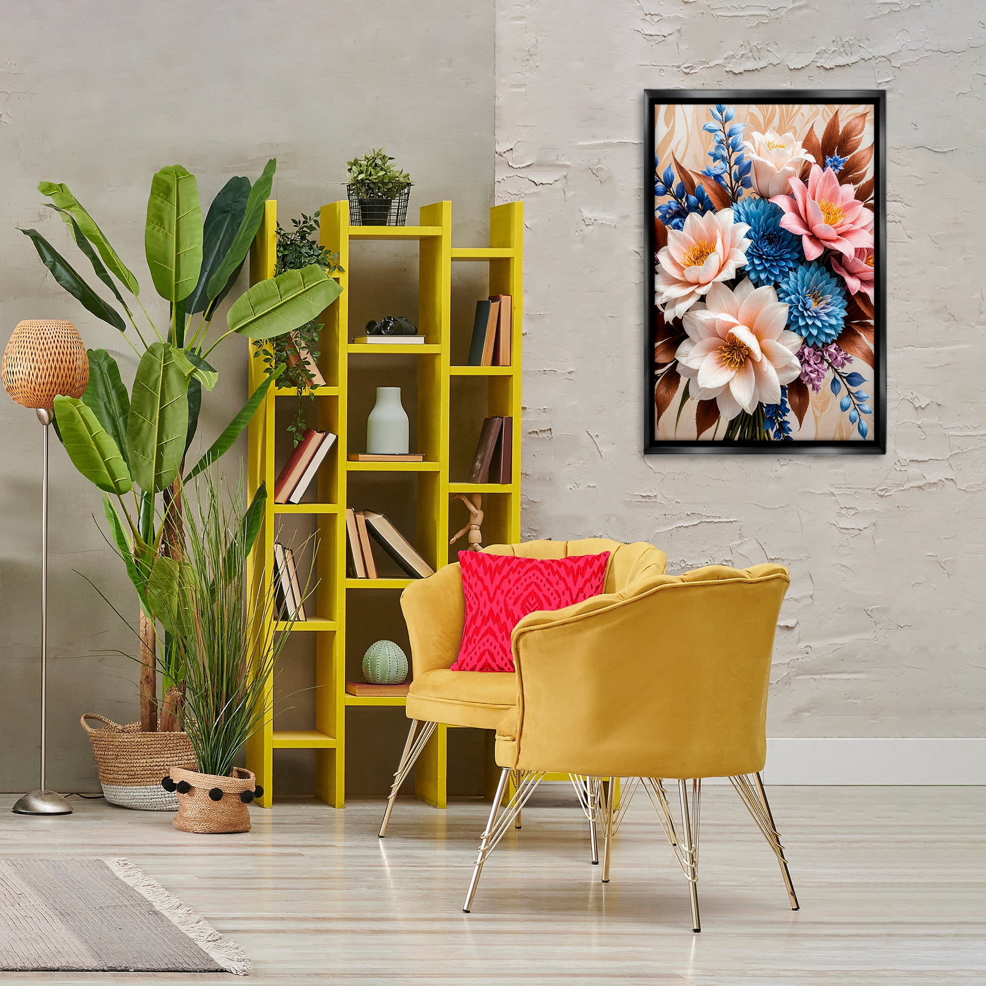Stupell Industries Pink & Blue Mixed Bouquet Plants & Flowers Painting Black Floater Framed Canvas Art Print Wall Art, 21 x 31